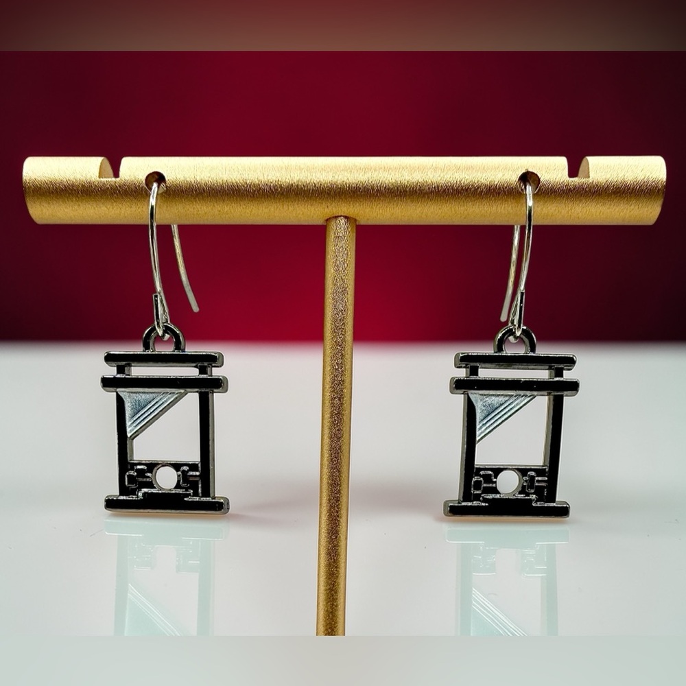 Guillotine Earrings Silver Gothic Dangle Dark Humor Statement Jewelry